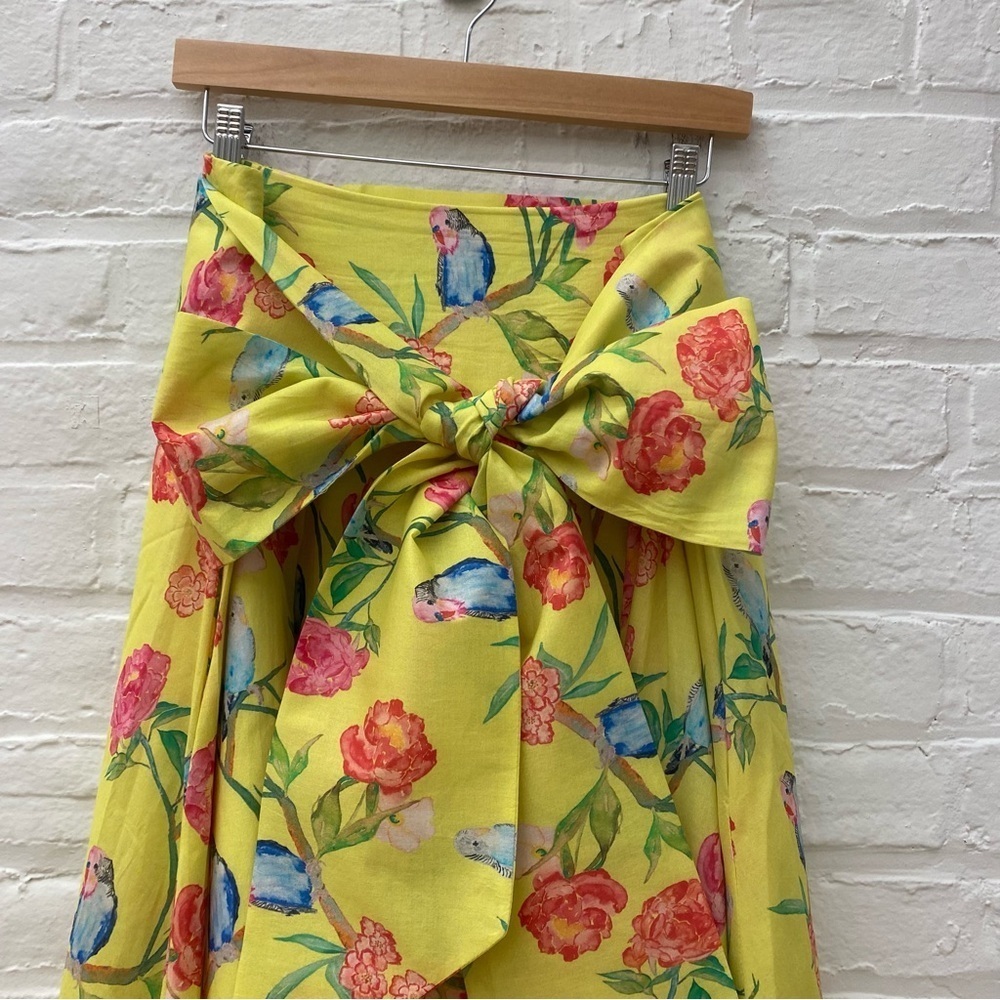 Brooke Wright Designs || Pleated Skirt with Sash Belt Bow Birds Floral Yellow 12 - Picture 2 of 10